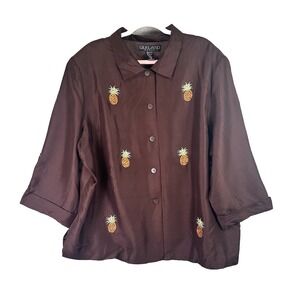 SILK LAND Woman 100% Silk Light Jacket Brown‎ Base Embroidered Size 3X Button Up